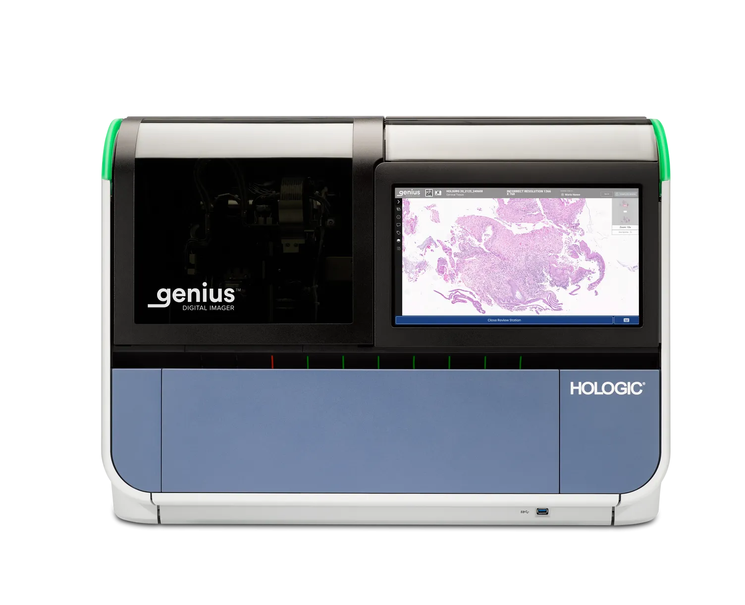 Genius Digital Imager auf weißem Hintergrund mit Histologie-Bild am Display
