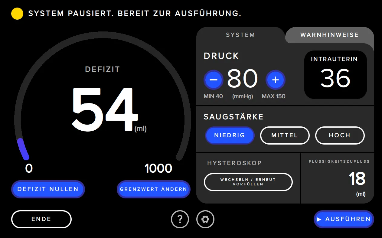 Der Screenshot der Benutzeroberfläche des Fluent Pro Fluid Management Systems zeigt die Saugsteuerung.