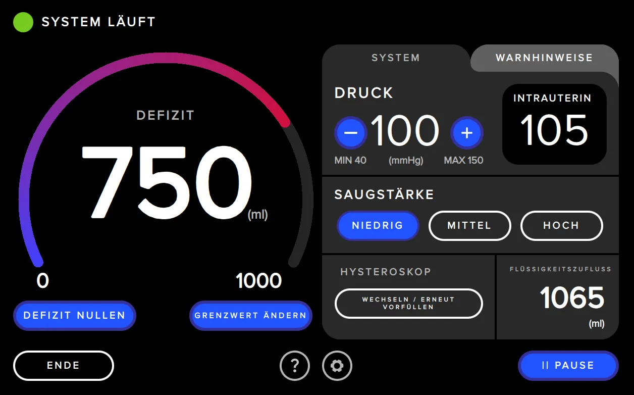 Der Screenshot der Benutzeroberfläche des Fluent Pro Flüssigkeitsmanagementsystems zeigt den Druck an.